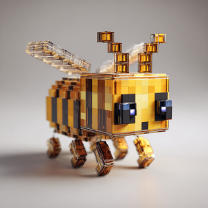 Realistic Minecraft Bee close-up with yellow and black pixelated cube body, white pixel wings, and square eyes on plain background