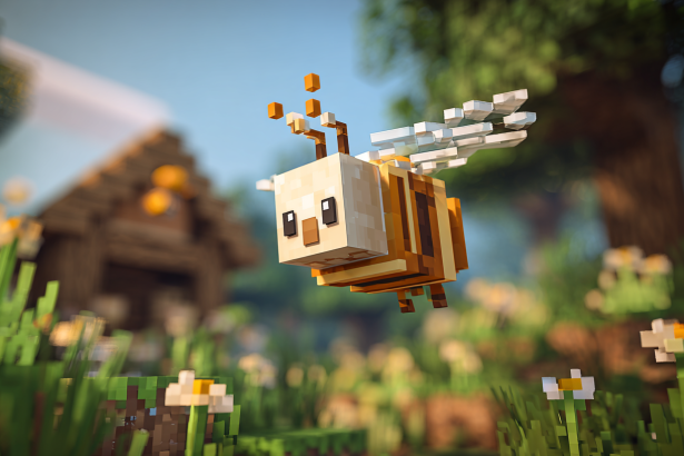 A close-up, dynamic featured image of a Minecraft bee flying energetically with its face prominently visible, a subtle beehive in the background.