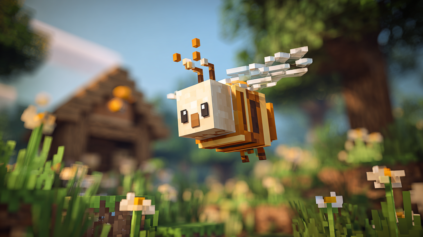 A close-up, dynamic featured image of a Minecraft bee flying energetically with its face prominently visible, a subtle beehive in the background.