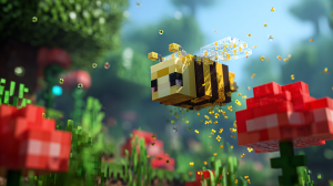 A happy Minecraft bee collecting pollen from a red poppy in the game.