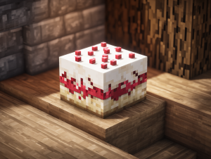 An authentic-looking in-game image of a Minecraft cake placed on a table inside a player's house, ready to be eaten.