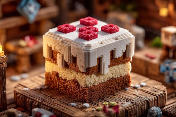 A high-quality render of the iconic Minecraft cake, featuring its blocky shape, white pixelated icing, and red toppings, in the official art style of the game.