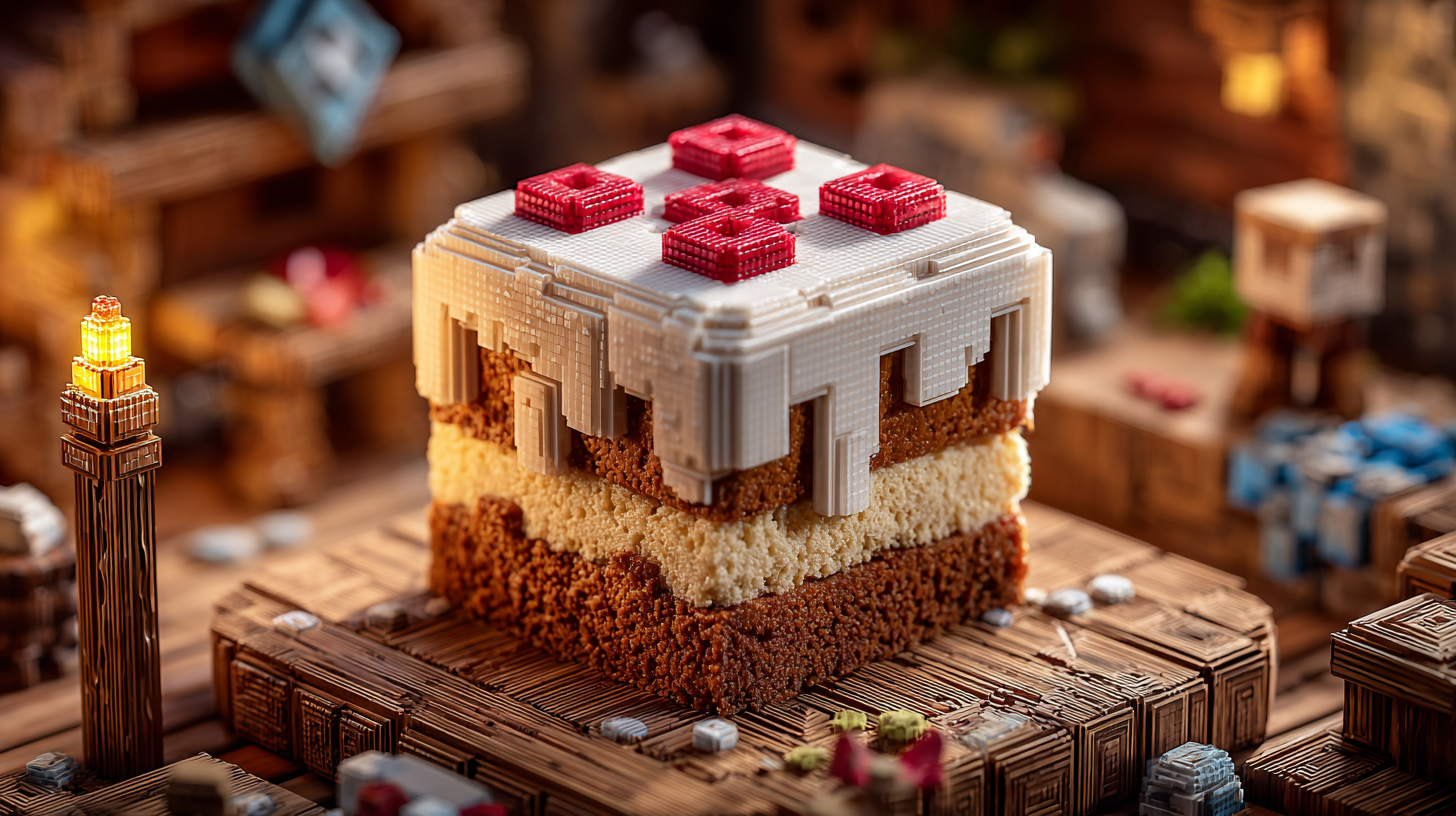 A high-quality render of the iconic Minecraft cake, featuring its blocky shape, white pixelated icing, and red toppings, in the official art style of the game.