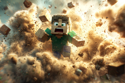 A dramatic and humorous depiction of a Minecraft Creeper explosion surprising a player.