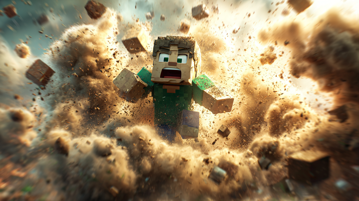 A dramatic and humorous depiction of a Minecraft Creeper explosion surprising a player.