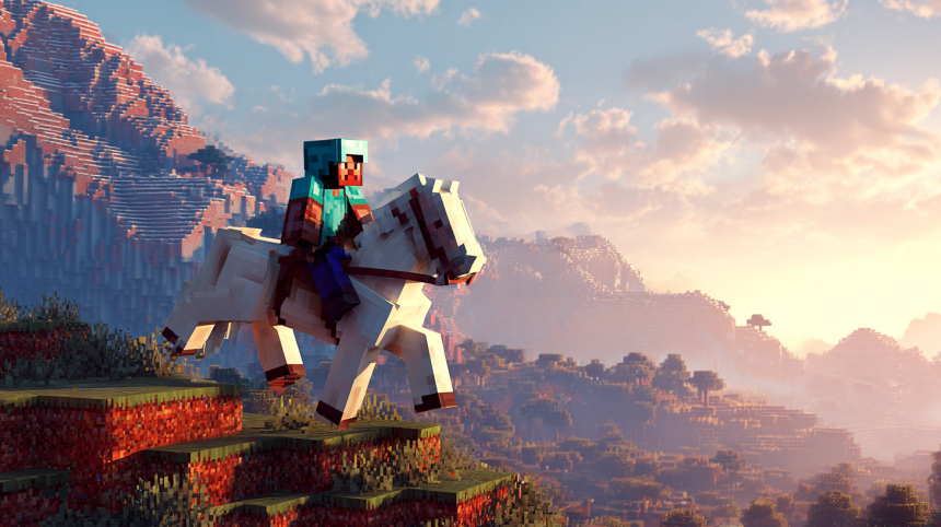 A Minecraft player riding a powerful white horse, showcasing the ultimate goal of the "how to breed horses in Minecraft" guide.