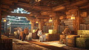 A successful horse breeding operation in a Minecraft stable, featuring several horses and a newborn foal.