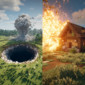 A before-and-after comparison of a minecraft creeper explosion with the mobGriefing gamerule turned off.