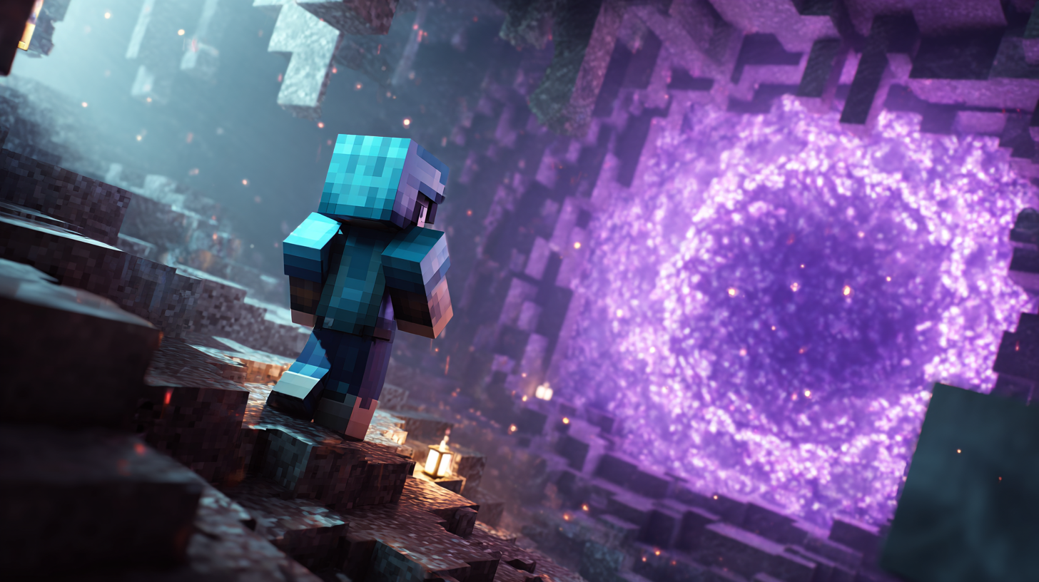 A Minecraft player in diamond armor bravely looks upon a massive, glowing Nether portal, ready for adventure.