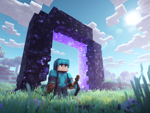 A player stands proudly before the obsidian frame they've built, ready to learn how do I make a Nether portal on Minecraft.