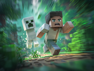 A Minecraft player narrowly escaping a Creeper about to explode.