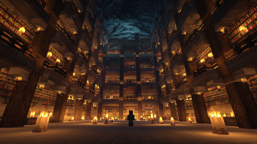 A player showcasing their library, a result of knowing how to make a book in Minecraft.