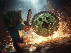 A player successfully using a shield to block all damage from a Creeper explosion.