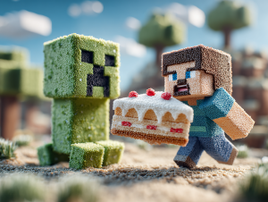 A funny blocky scene of the Minecraft character Steve offering a slice of cake to a confused Creeper.