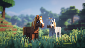 Two tamed horses ready for the first step in learning how to breed horses in Minecraft.