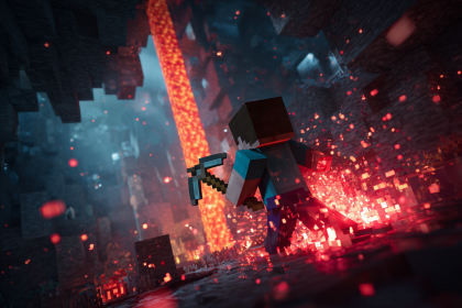 A Minecraft character using an iron pickaxe in a beginners guide to redstone to mine a bright red ore vein deep within a dark, atmospheric cave.