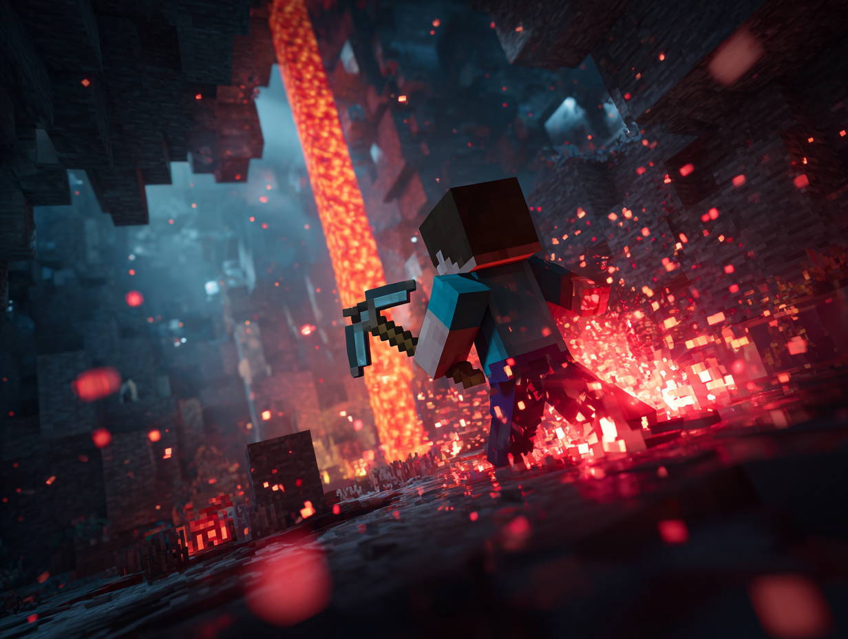 A Minecraft character using an iron pickaxe in a beginners guide to redstone to mine a bright red ore vein deep within a dark, atmospheric cave.