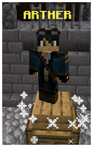 Minecraft skin of a character named Arther wearing a blue adventurer's jacket, brown gloves, and steampunk goggles on his forehead.