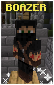 Minecraft skin of a character named Boazer dressed as a rogue ninja with a black face mask and red markings on his arms.