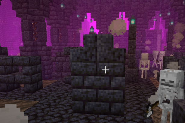 Dark Spire dungeon interior in Minecraft with blackstone pillars, purple void light, soul lanterns, and skeleton mobs patrolling elite dungeon corridors.