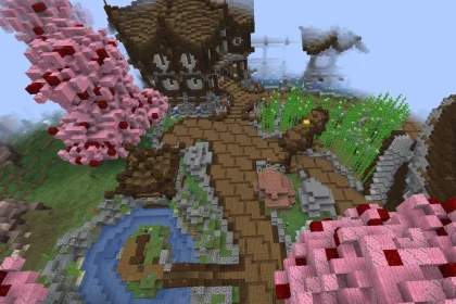 A high-angle Minecraft screenshot of the Auction Guild area, featuring a large rustic wooden building with white accents. The guild is surrounded by a wooden plaza, large pink cherry blossom trees, a sugarcane garden, and a small pond with a wooden dock, all set on a floating island platform.