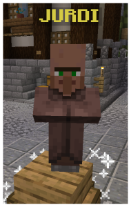 Minecraft skin of a character named Jurdi who resembles a classic villager with a large nose, unibrow, and brown robes.