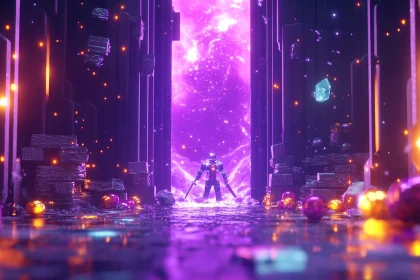 A vibrant digital fantasy scene showing a silhouette of an armored warrior standing before a massive, glowing purple energy portal. The figure is framed by tall, dark monolithic pillars, and the reflective ground is scattered with glowing orange and purple orbs.