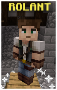 Minecraft skin of a character named Rolant wearing a white shirt, open black vest, and brown hair, resembling a smuggler or rogue.