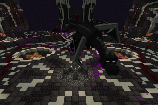 The Dragon Zolth, a massive black Ender-style dragon with glowing purple eyes, hovering above a dark stone arena filled with obsidian, lava pits, and swirling purple particles on the Land of Zolth Minecraft server.