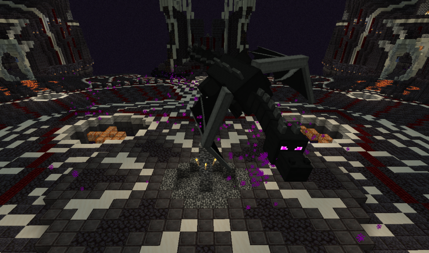 The Dragon Zolth, a massive black Ender-style dragon with glowing purple eyes, hovering above a dark stone arena filled with obsidian, lava pits, and swirling purple particles on the Land of Zolth Minecraft server.