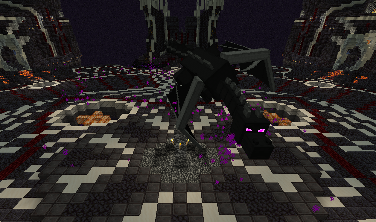 The Dragon Zolth, a massive black Ender-style dragon with glowing purple eyes, hovering above a dark stone arena filled with obsidian, lava pits, and swirling purple particles on the Land of Zolth Minecraft server.