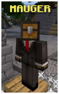 Minecraft skin of a character named Mauger wearing a black business suit with a red tie, but with a wooden chest for a head.